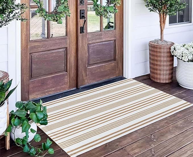 Khaki and White Striped Outdoor Rug 24'' x 51''Outdoor Front Porch Rug Hand-Woven Machine Washabl... | Amazon (US)