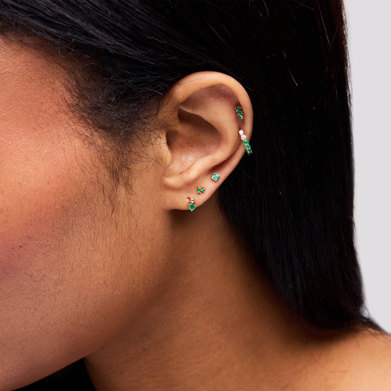 Baguette and Round Emerald Stacked Single Cartilage Stud Earring in 14K Gold | Zales