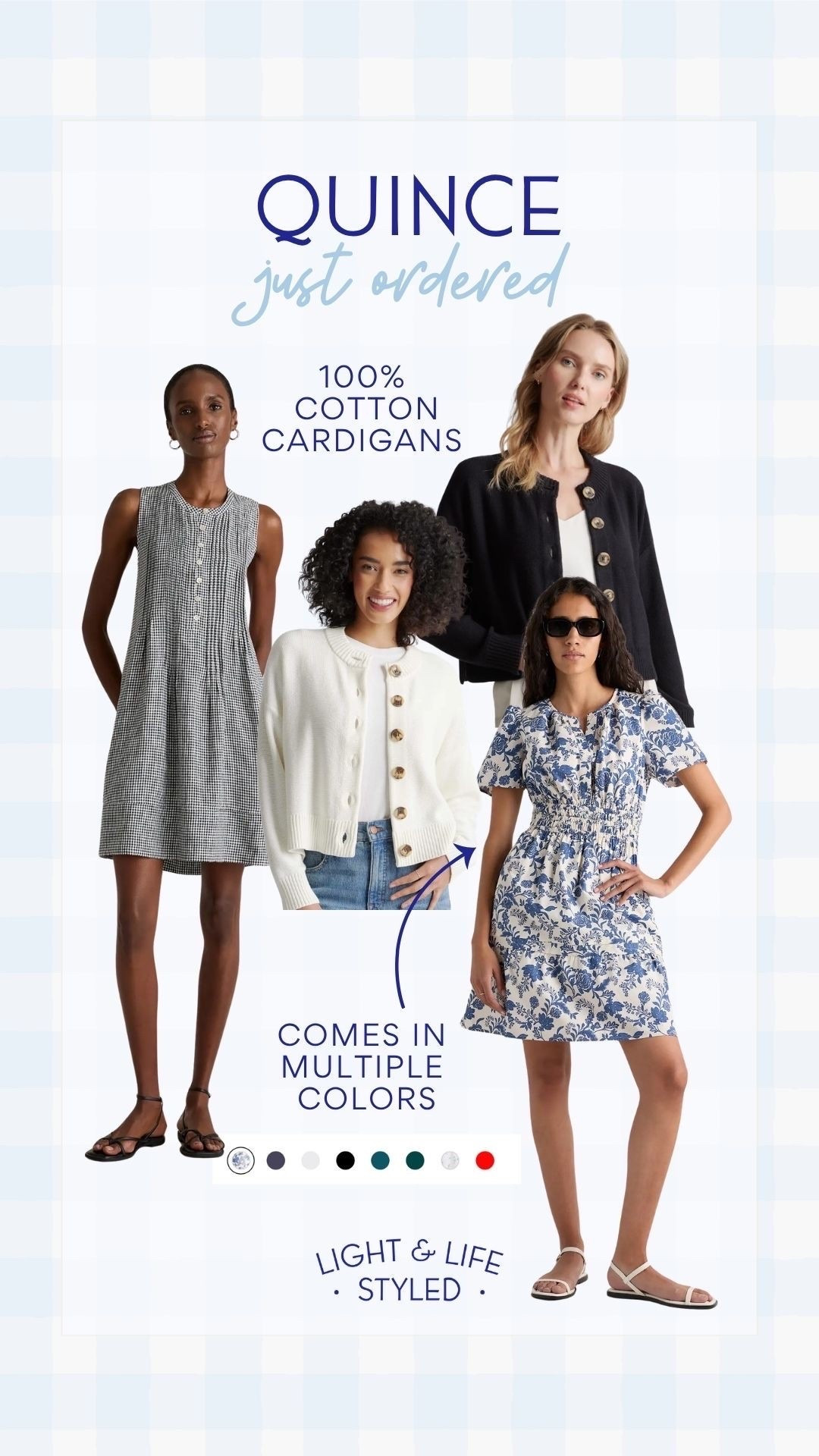 I can’t wait for this adorable order I just placed from @Quince. I grabbed the ivory and black cropped cardigans that are 100% cotton, the classic mini gingham swing dress that’s 100% linen and the most adorable blue heirloom floral cotton poplin dress. Just ordered, back to school outfits, teacher dresses