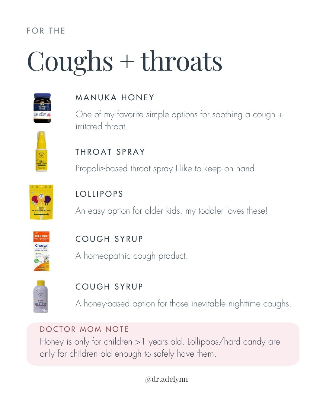 What I keep on hand for kids’ coughs + irritated throats: Manuka honey, propolis throat spray, throat-soothing lollipops + cough syrup options. A few of my doctor-mom sick season staples. Honey is only for children over 1 year old.

kids cough essentials, kids sore throat, toddler cough essentials, Manuka honey, kids throat spray, propolis throat spray, kids cough syrup, sick day essentials, cold season essentials, doctor mom recommendations

#LTKFamily #LTKKids #KidsWellness #SickSeason #DoctorMom

#LTKmomlife #LTKBaby #LTKKids