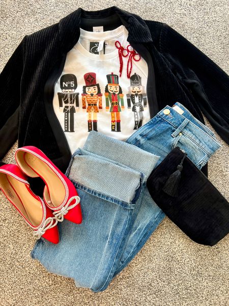 Casual Holiday Outfit✔️

Perfect for Helping at School, grabbing a coffee, holiday Shopping !

-Jeans tts high waisted large cuff  instock and linked sale versions

-Corduroy baseball jacket tts 
-Red satin and bling shoes $30
-How earrings linked sale version $15
- corduroy black tassel clutch on sale $25

Nutcraker tee not linkable… linked similar 



#LTKstyletip #LTKCyberWeek #LTKsalealert