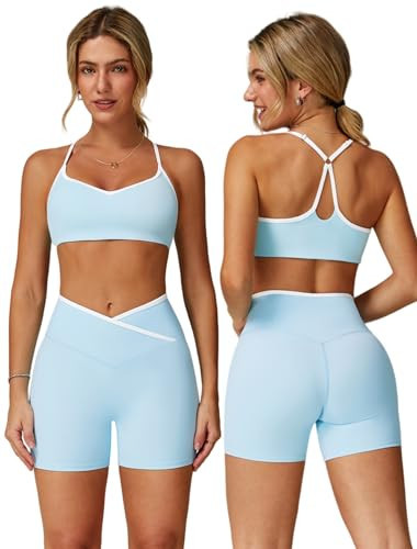 ABOCIW Womens Workout Sets Color Block Strappy Sports Bra Crossover High Waist Biker Shorts 2 Piece Gym Sets Yoga Pilates Outfits Athletic Work Out Clothes Ice Blue Small | Amazon (US)