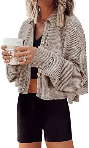 Panadila Women's Cropped Waffle Knit Shacket Short Button Down Jacket Batwing Sleeve Shirts with ... | Amazon (US)