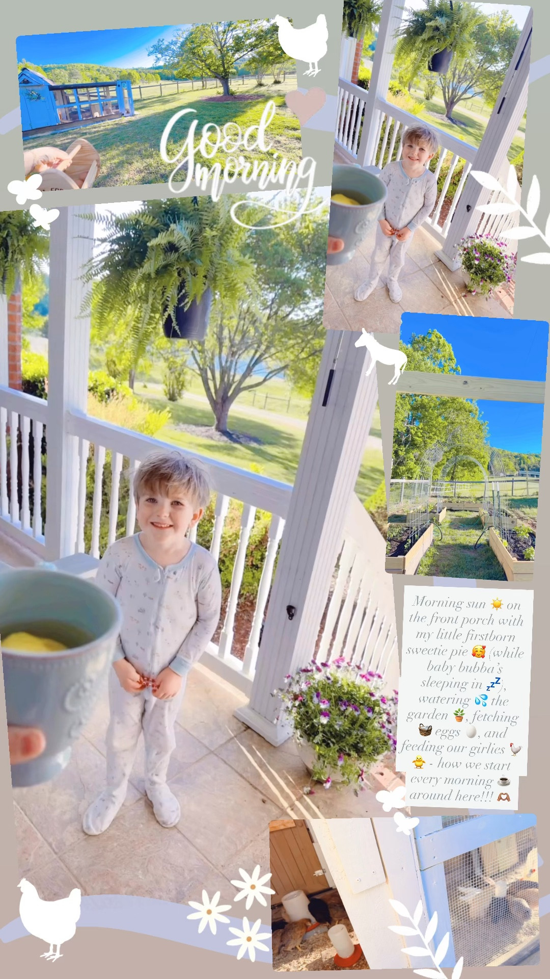 Morning sun ☀️ on the front porch with my little firstborn sweetie pie 🥰 (while baby bubba’s sleeping in 💤), watering 💦 the garden 🪴, fetching 🧺 eggs 🥚, and feeding our girlies 🐓🐥 - how we start every morning ☕️ around here!!! 🫶🏽