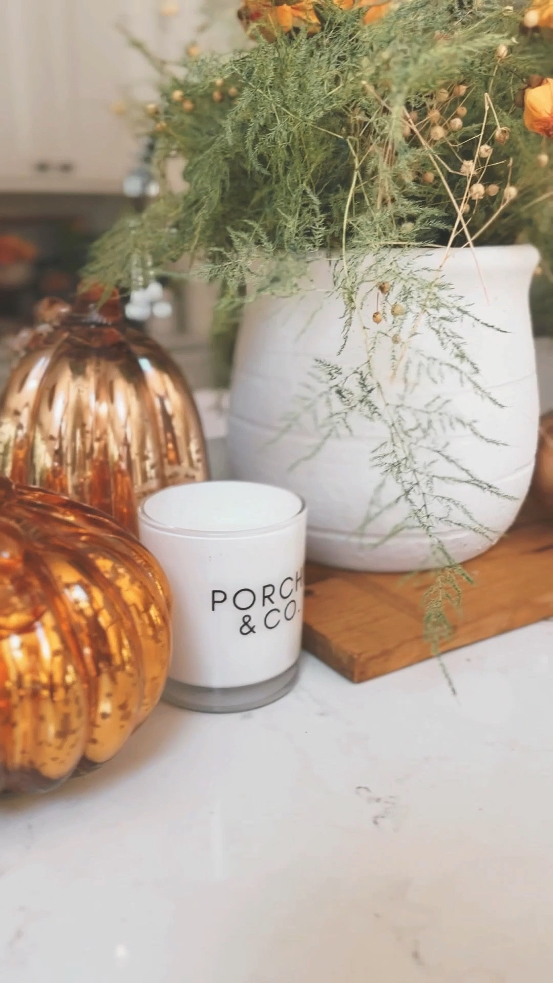 Kitchen island wooden cutting board fall decor with pumpkins 🎃 