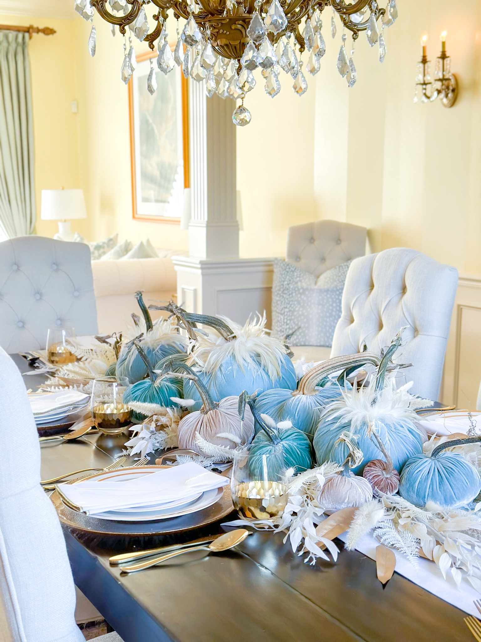 Shop my velvet pumpkin tablescape!

Fall table, fall tablescape, hot skwash, designer pumpkins, blue and white fall decor, blue and white tablescape, blue and white decor, fall florals, fall centerpiece ideas, gold decor, glam decor, glam fall, traditional home decor, pottery barn, thanksgiving tablescape, thanksgiving table, entertaining at home 

#LTKhome #LTKHoliday #LTKparties