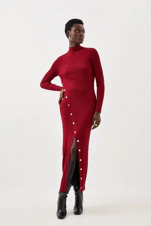 Viscose Blend Popper Detail Split Knit Midaxi Dress | Karen Millen UK + IE + DE + NL