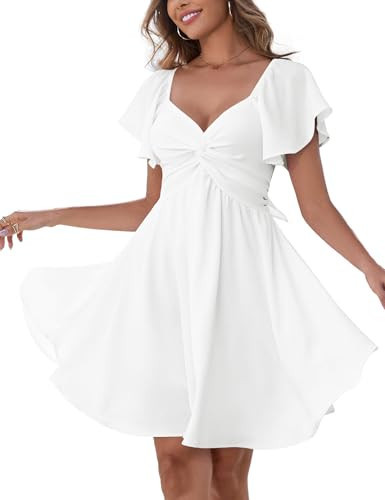 Florboom Women's Sweetheart Knot Front Sexy Dress - Cute Flutter Sleeve Tie Back Mini Dress for Graduation, Wedding Guest, Bridal Shower & Summer Vacation - Double Lined A-Line Sundress (White, XL) | Amazon (US)