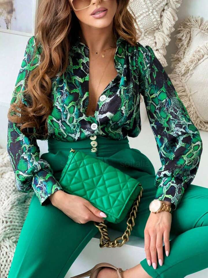 SHEIN Clasi Allover Print Button Front Shirt,Long Sleeve Tops | SHEIN