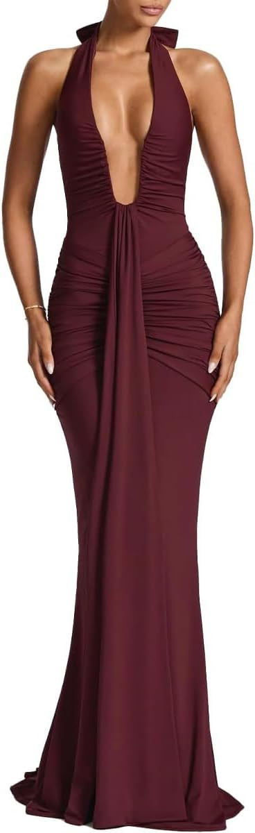 Women's Sexy Deep V-Neck Maxi Dress Sleeveless Halter Ruched Bodycon Formal Cocktail Party Evenin... | Amazon (US)