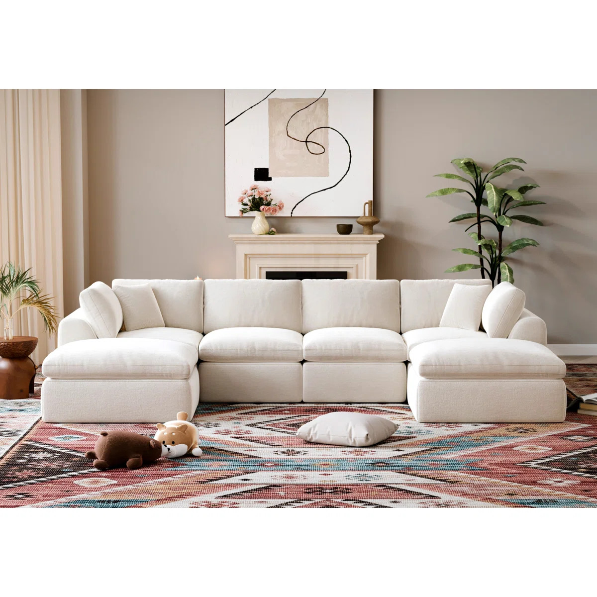 U-Shape 6-Seat Sectional Sofa With Ottomans, 139" Wide, No-Assembly Cloud-Style Design, White | Wayfair North America