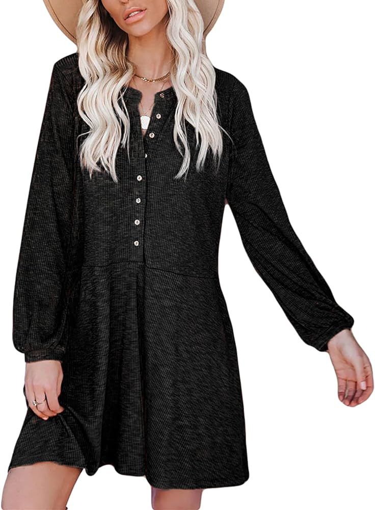 SHIBEVER Women's Button Down Dresses Long Sleeve Henley Neck Casual Tunic Mini Dress with Pockets... | Amazon (US)
