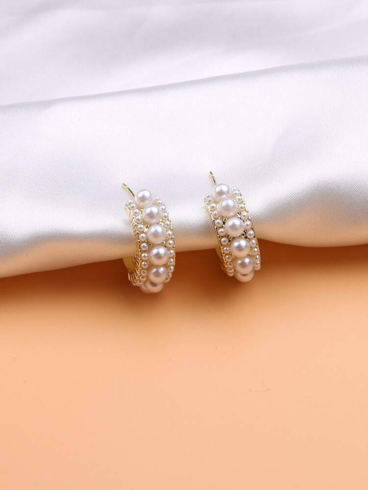 Faux Pearl Decor Open Hoop Earrings | SHEIN