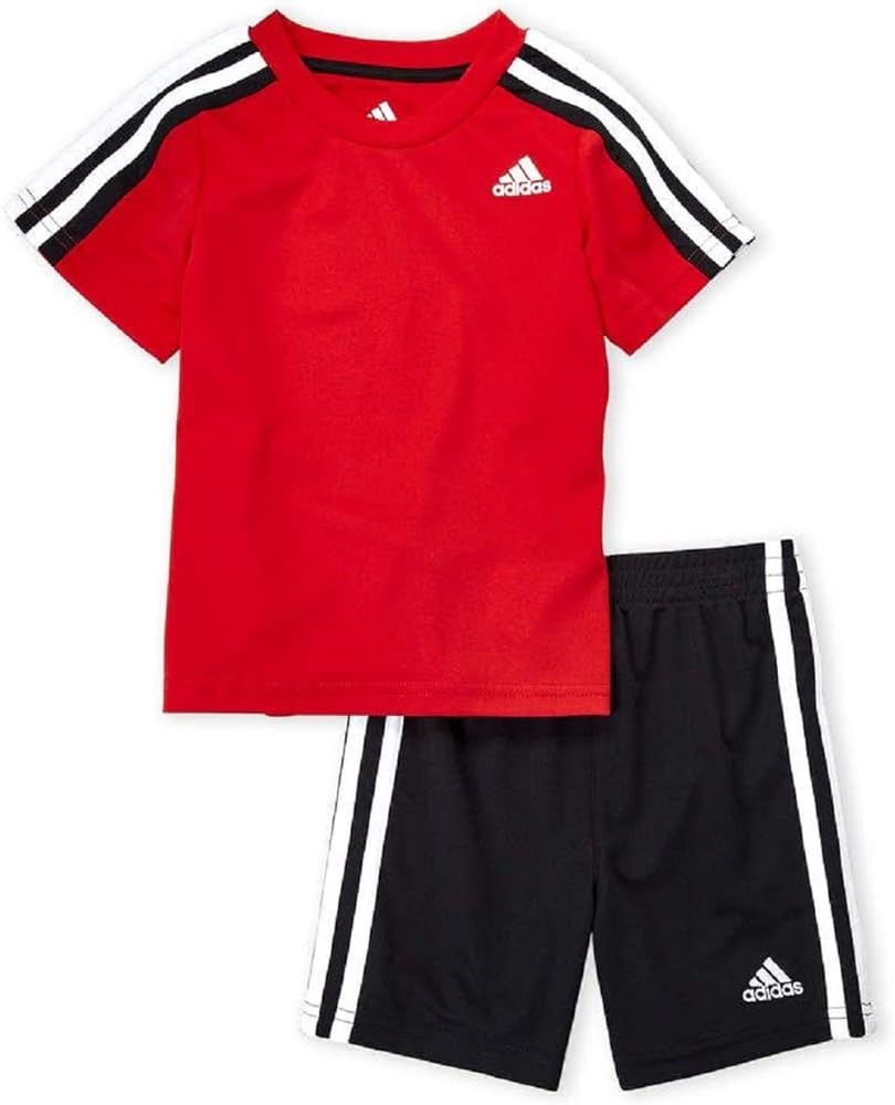 adidas Boys Striped Three Stripes Active Sport Tee T-Shirt & Shorts Set Red/Black | Amazon (US)