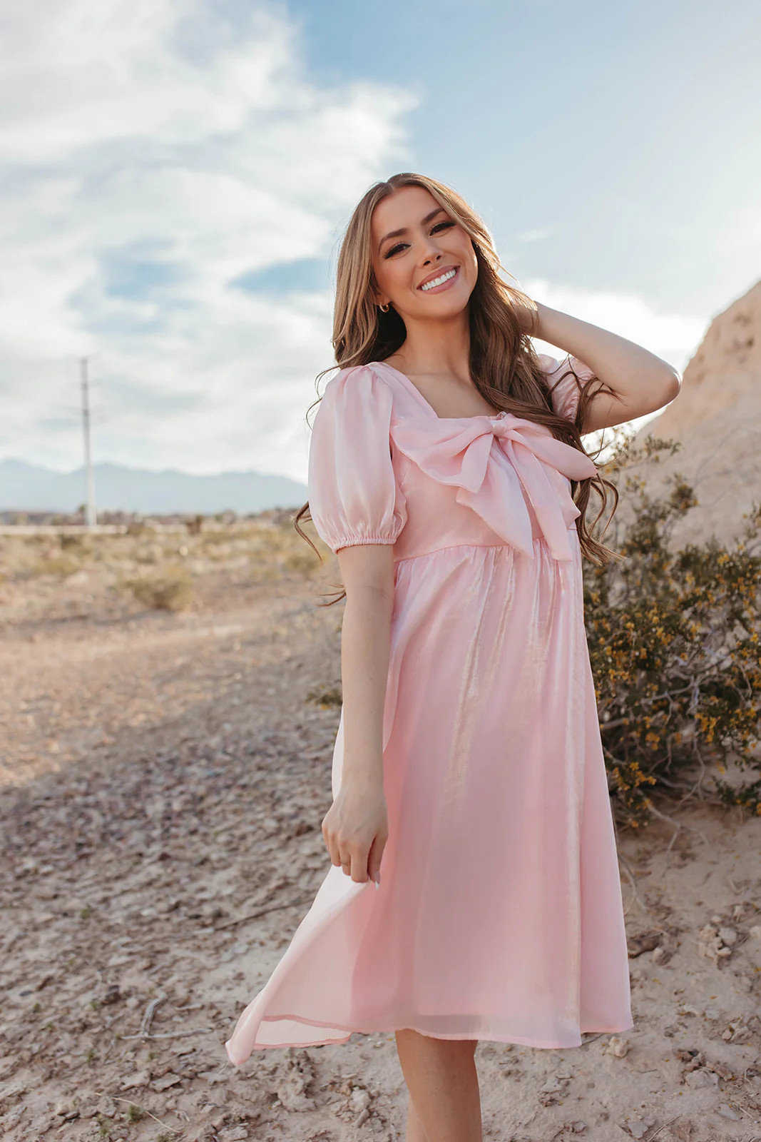 THE SATIN BOW DRESS IN POWDER PINK BY PINK DESERT | Pink Desert