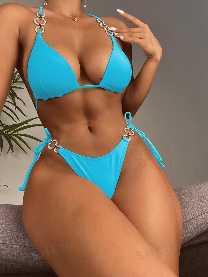 Solid Color Bikini Set With Rhinestone And Metallic Decorations, String Bikini Swimsuit Bathing S... | SHEIN