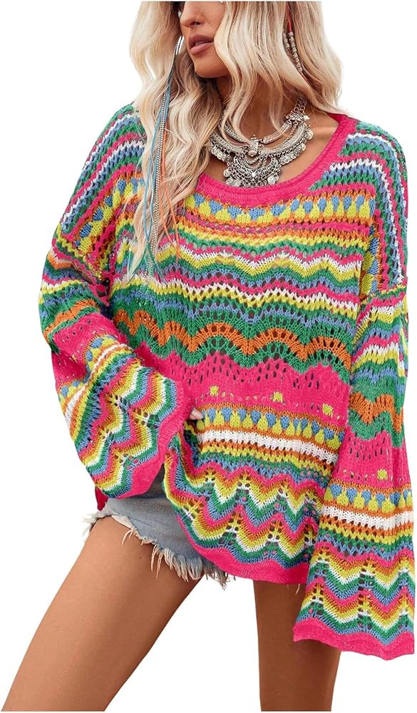 COZYEASE Women's Oversized Colorful Sweater Drop Shoulder Pullover Crochet Hollow Fall Outfit Swe... | Amazon (US)