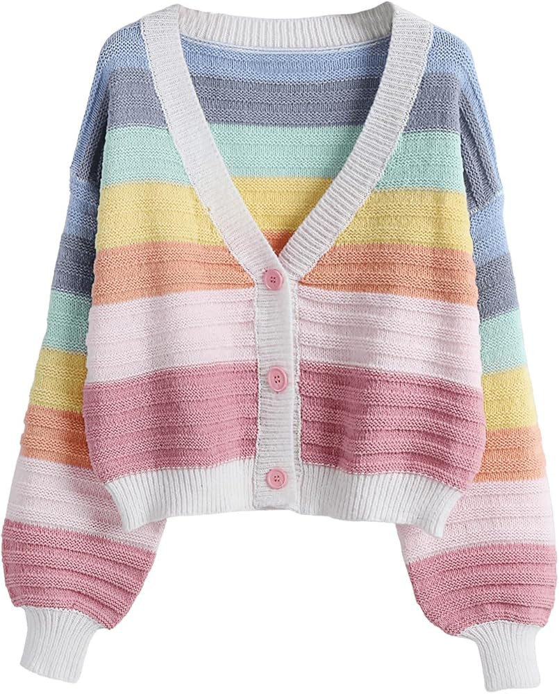 SweatyRocks Women's Color Block V Neck Button Front Knit Cardigan Sweater Outerwear | Amazon (US)