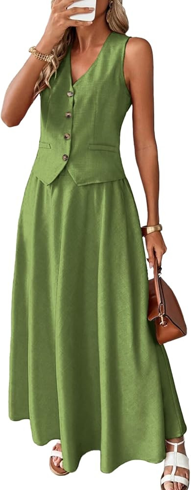 ELLEVEN 2 Piece Linen Sets for Women Summer Outfit,V-Neck Vest Top & Flowy Maxi Skirt | Amazon (US)