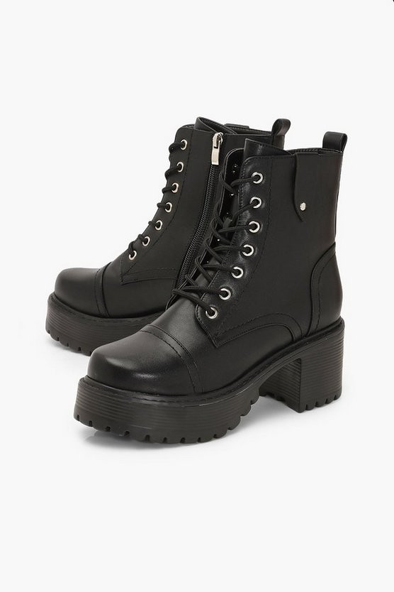 Loop Back Block Heel Chunky Combat Boots | Boohoo.com (US & CA)