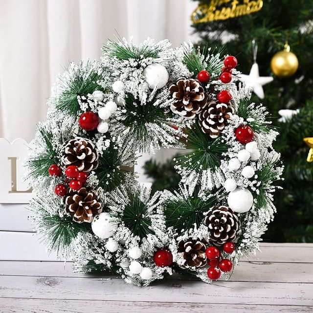 LONGRV 12in Artificial Christmas Wreath With Silver Bristles, Pine Cones, Berries for Front Door,... | Walmart (US)