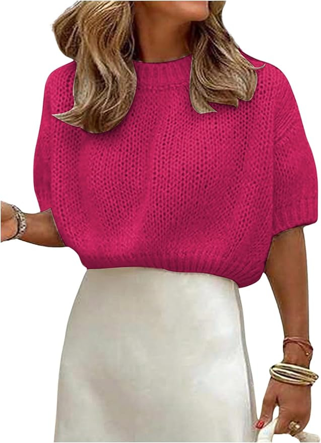 GORGLITTER Women's Puff Sleeve Crewneck Knit Shirt Top Short Sleeve Solid Loose Sweater | Amazon (US)