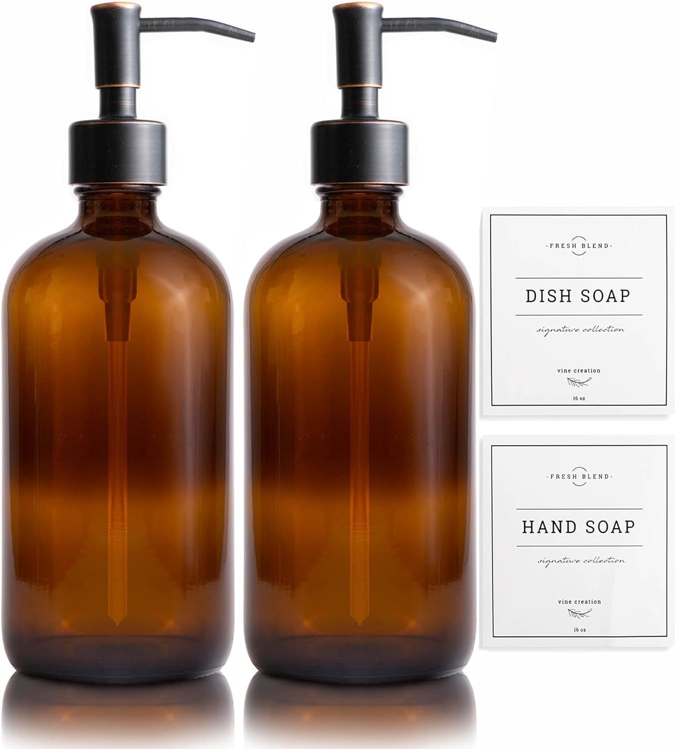 Vine Creations Amber Glass Soap Dispenser 2 Pack, 16oz Bottles Rustproof Stainless Steel Pump, Mo... | Amazon (US)