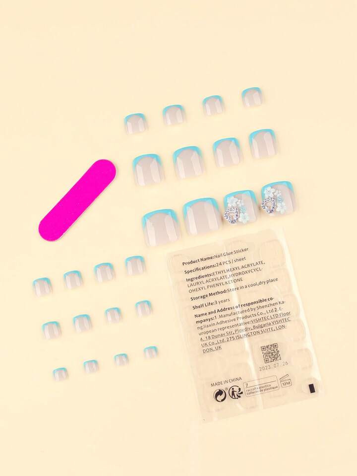 24pcs French White Press On Toenails Heart Bling Fake Toenails Summer White Floral Toenails Manicure Set Includes 1sheet Adhesive Tabs & 1pc Mini File Perfect For Everyday Wvear | SHEIN