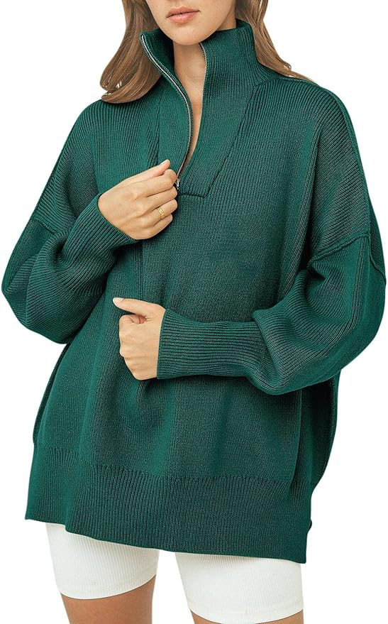 LOGENE Women's 1/4 Zipper Sweatshirt Long Sleeve Oversized Slit Side Knit Pullover Sweaters | Amazon (US)