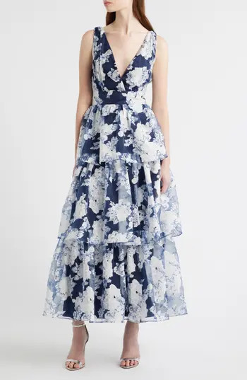 Lulus Vallia Floral Tiered Gown in Navy Floral at Nordstrom Rack, Size X-Large | Nordstrom Rack