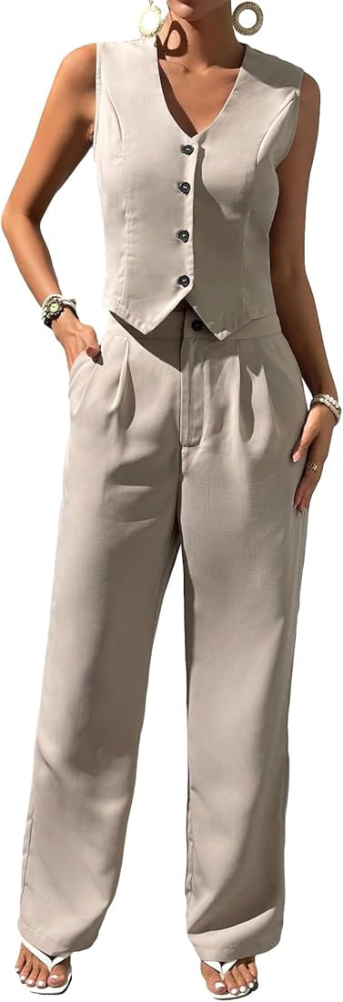WDIRARA Women's 2 Piece Outfits Button Front Waistcoat Sleeveless V Neck Vest Jacket and Pants | Amazon (US)
