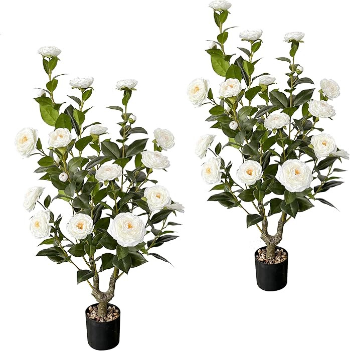 2pcs Artificial Camellia Tree 38 inch, Faux Plants Outdoor Artificial Flowers, White Tree with Pl... | Amazon (US)