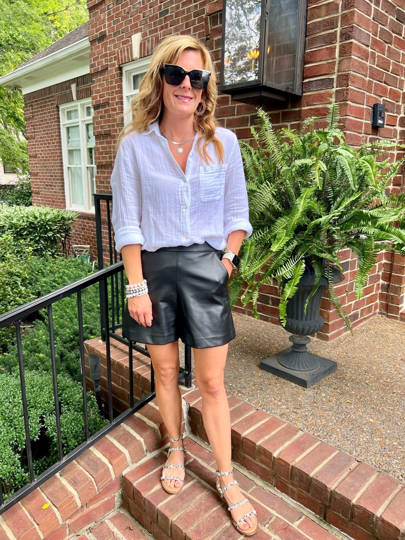 Here are those faux leather shorts again!  Love this simple look with a white button down and some fun sandals.

#LTKSeasonal #LTKshoecrush #LTKstyletip