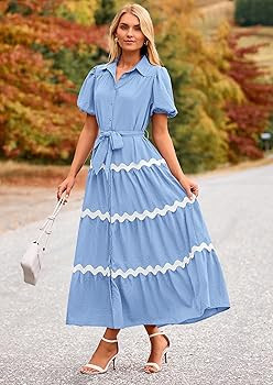 PRETTYGARDEN Women's Summer Maxi Dress Button Down Puff Short Sleeve Ruffle Casual Elegant Long F... | Amazon (US)