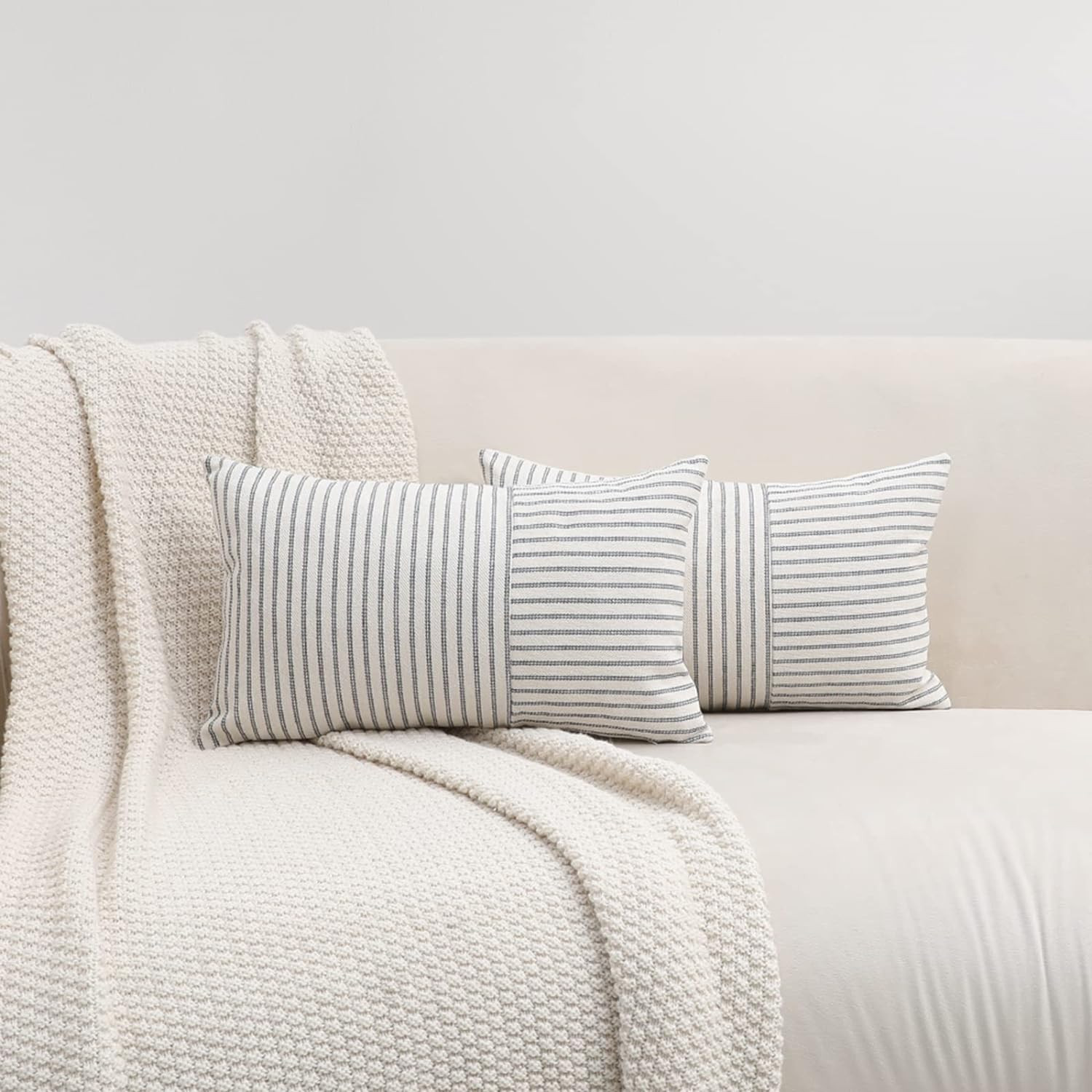 Hckot Outdoor Pillow Covers 12x20, Lumbar Throw Pillow Covers Set of 2, Gray and Beige Striped Pa... | Amazon (US)