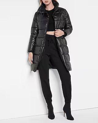 Black Shiny Long Puffer Jacket | Express