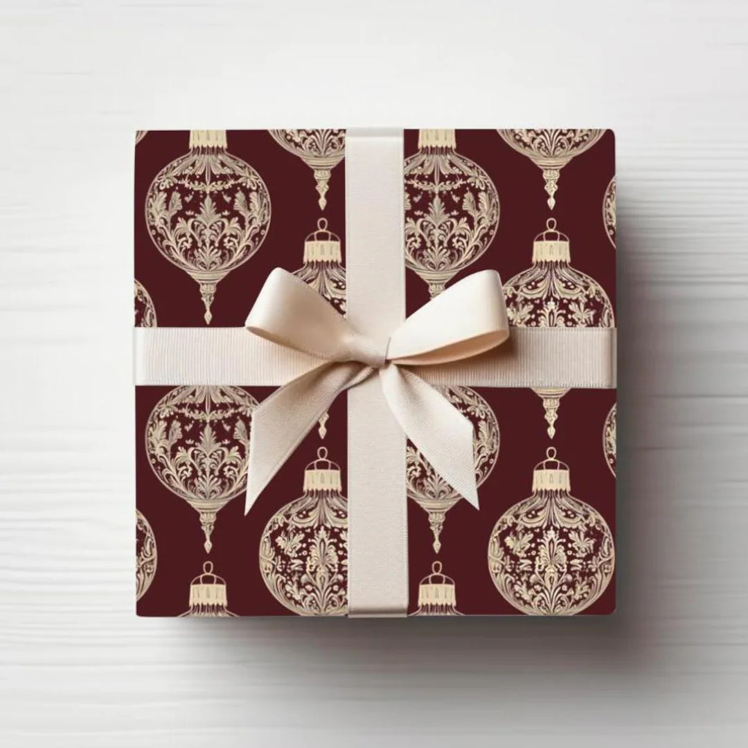 Burgundy Red Ornate Ornaments Wrapping Paper Roll Vintage Style Gift Wrap Roll Holiday Gift Wrap ... | Etsy (US)