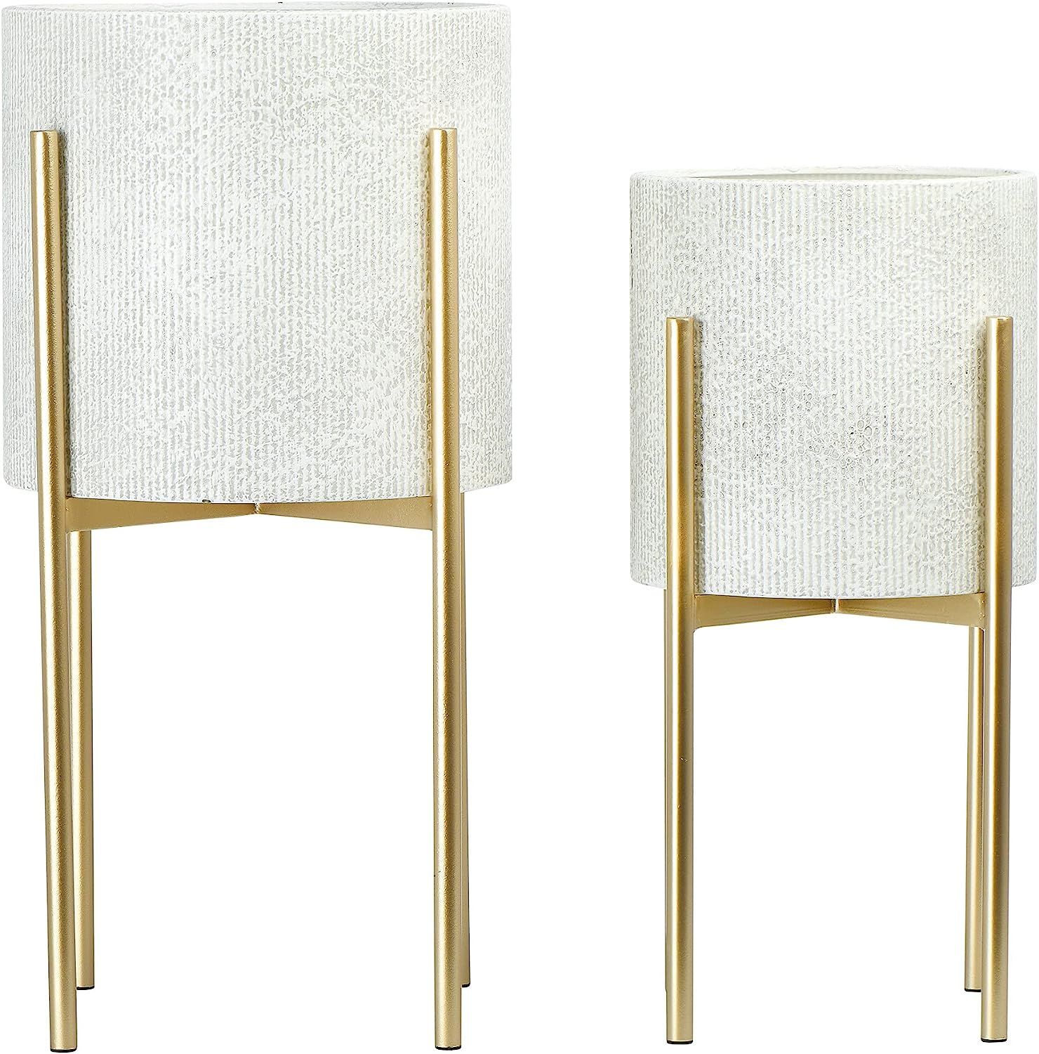 Main + Mesa Modern Boho Embossed Metal Planters with Stands, White and Gold, Set of 2 Sizes | Amazon (US)