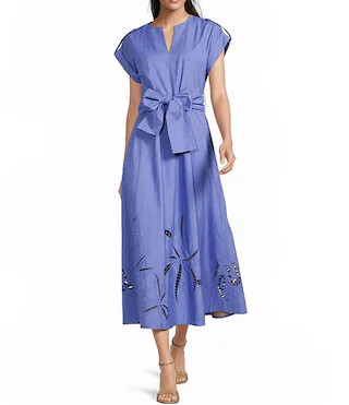 Vince Camuto Solid V-Neck Cap Sleeve Belted Midi A-Line Dress | Dillard's | Dillard's