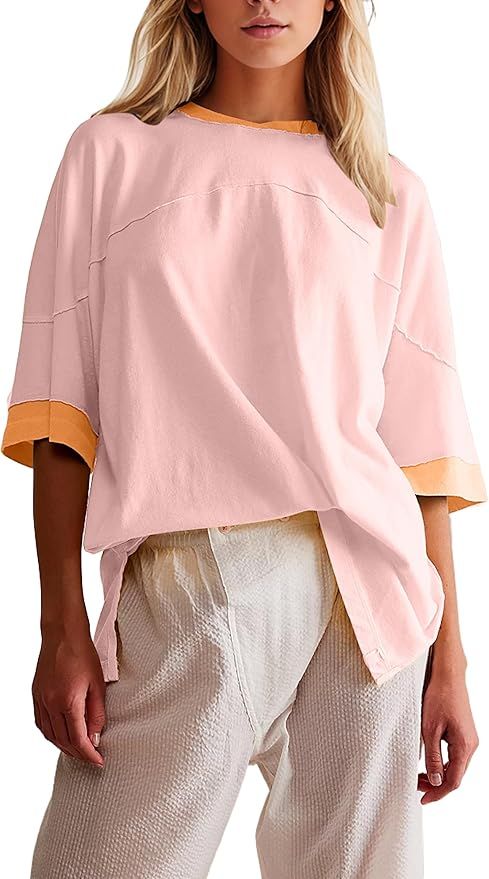 Anoumcy Cotton Color Block Oversized T Shirt for Women Casual Crew Neck Short Sleeve Tee Shirts f... | Amazon (US)