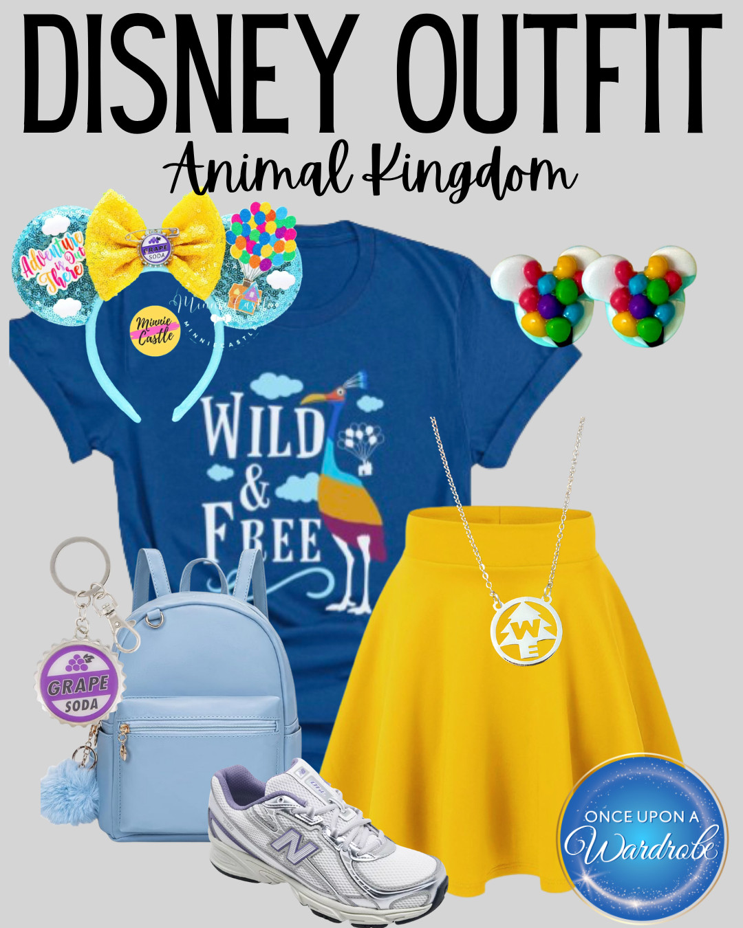 Disney Animal Kingdom outfit idea inspired by Up! 🎈 This colorful park look has a blue graphic tee, yellow skirt, light blue backpack, comfy sneakers, Minnie ears, grape soda keychain, and Wilderness Explorer-inspired accessories. A fun Disney outfit for Animal Kingdom, park photos, and a full day of rides, shows, and snacks. 

 #LTKootd #LTKmomlife #LTKTravel