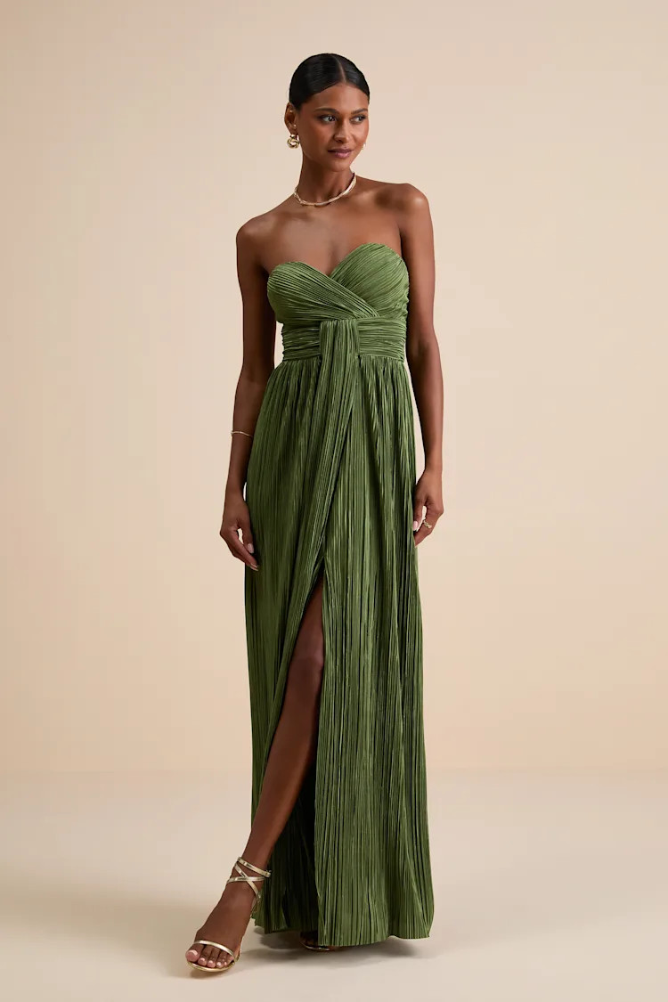 Oswin Olive Green Satin Plisse Strapless Maxi Dress | Lulus