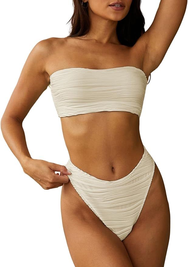 ZAFUL Women 2 Piece Bandeau Swimsuits Ribbed Lace up Strapless Bandeau Bikini Set High Cut Bathin... | Amazon (US)