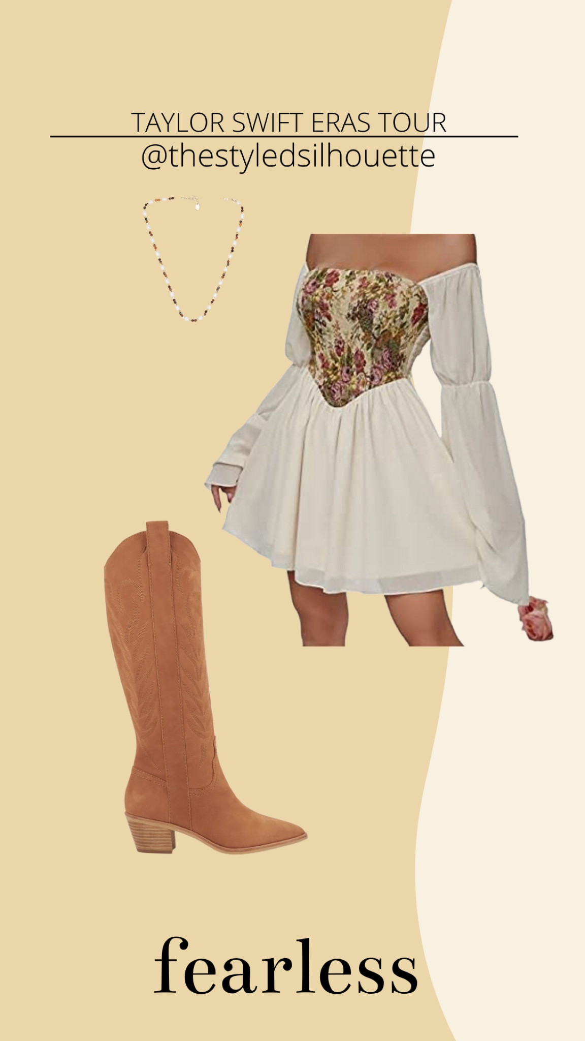 Taylor Swift eras tour// fearless// corset dress// cowboy boots// beaded necklace 

#LTKstyletip #LTKSeasonal
