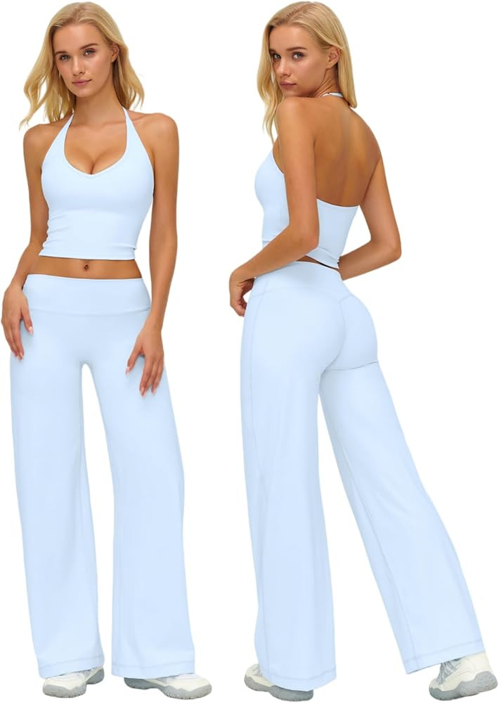 ABOCIW Womens Workout Sets 2 Piece Spaghetti Straps Crop Top Straight Leg Yoga Pants Yoga Pilates... | Amazon (US)