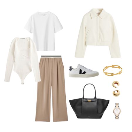 Spring Style, Transitional Style, Outfit inspiration, Beige Trousers, Abercrombie & Fitch Bodysuit, COS White T-shirt, Demellier, Gold Jewellery 

#LTKeurope #LTKstyletip #LTKSeasonal