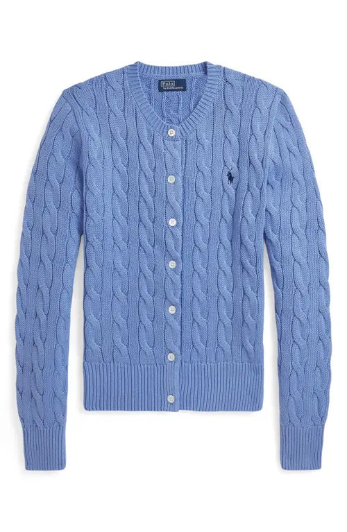 Polo Ralph Lauren Cable Knit Cotton Crewneck Cardigan in New Litchfield Blue at Nordstrom, Size Xx-Large | Nordstrom