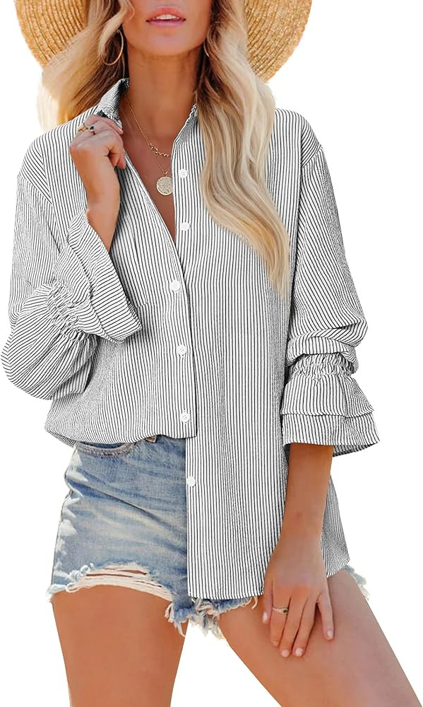 Oversize Striped Button Down Shirts Women Smocked Boyfriend Long Sleeve Blouse Ruffle Casual Tops... | Amazon (US)