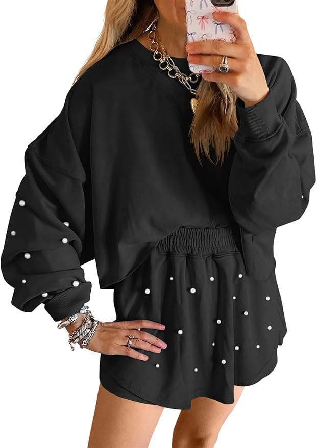 Fisoew Womens Lounge Sets 2 Piece Outfits Decor Pearl Long Sleeve Sweatshirt Skort Skirt Tracksui... | Amazon (US)