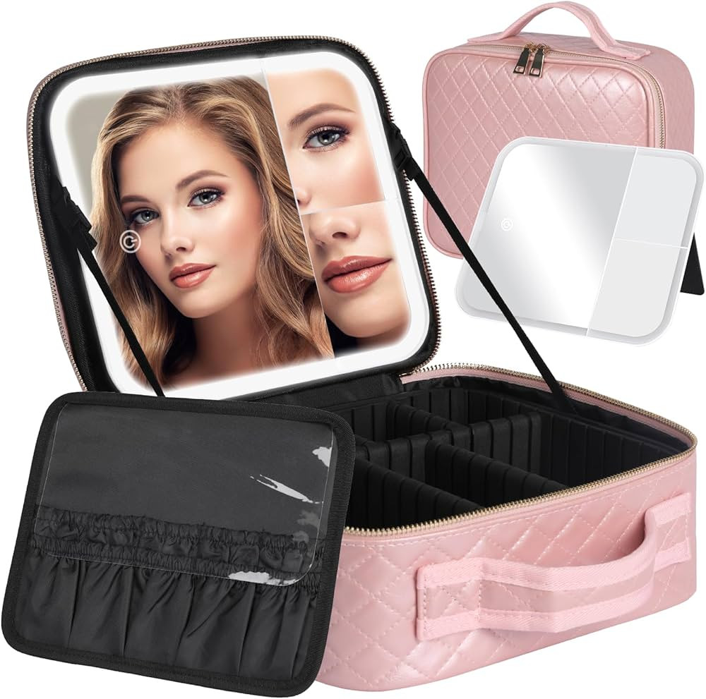 Bolsa de maquillaje de viaje con espejo iluminado, con espejo de aumento de 2 x 3 x y particiones... | Amazon (US)